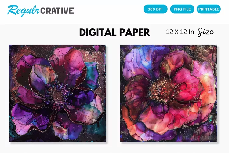 Deep Colored Alcohol Ink Flower Glitter Digital Paper