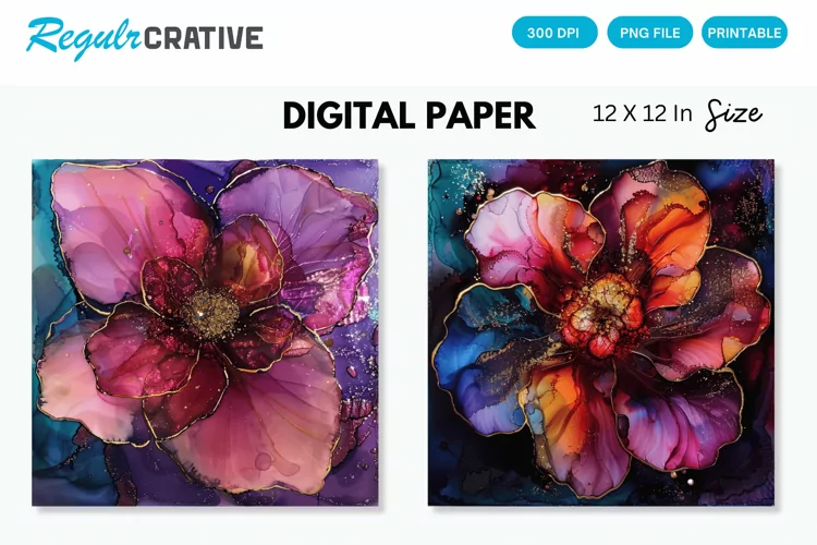 Deep Colored Alcohol Ink Flower Glitter Digital Paper