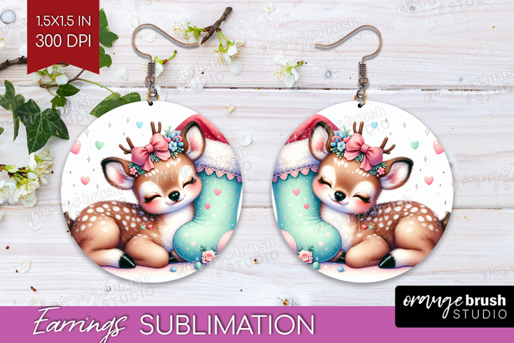 Deer Pastel Christmas Round Earrings Coquette Xmas PNG
