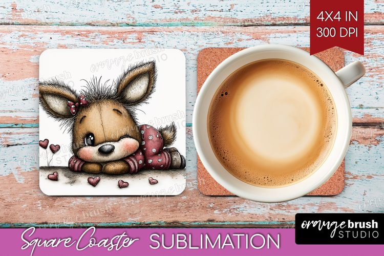 Deer Valentine Square Coaster Whimsical Animal Coaster PNG