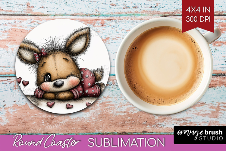 Deer Valentine Round Coaster Whimsical Animal Coaster PNG