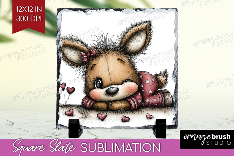 Deer Valentine Slate PNG Whimsical Animal Square Slate
