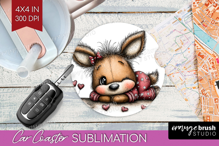 Deer Valentine Car Coaster Whimsical Animal Coaster PNG