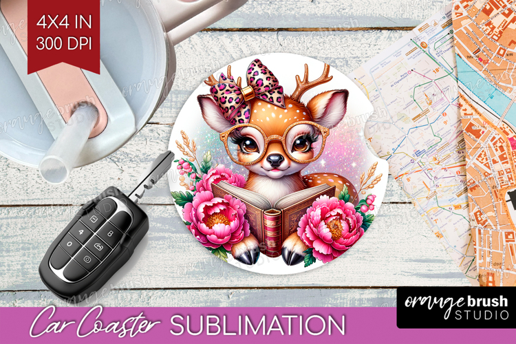 Deer Reading Car Coaster Book Lover Coaster PNG Sublimation
