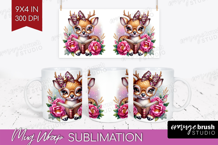 Deer Reading Mug Wrap Book Lover Mug PNG Sublimation