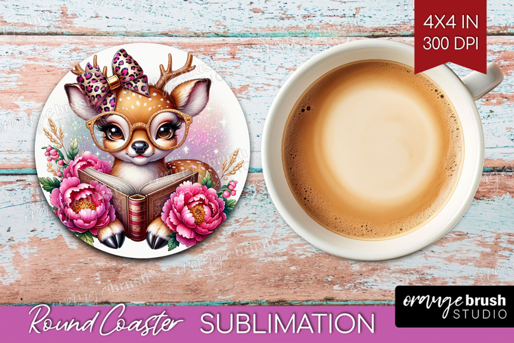 Deer Reading Round Coaster Book Lover Coaster PNG