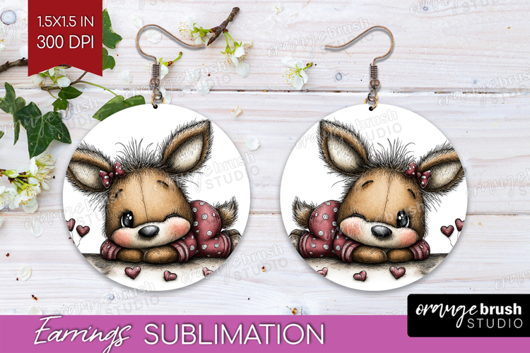 Deer Valentine Round Earrings Whimsical Animal PNG