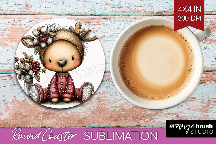 Deer Valentine Round Coaster Whimsical Animal Coaster PNG