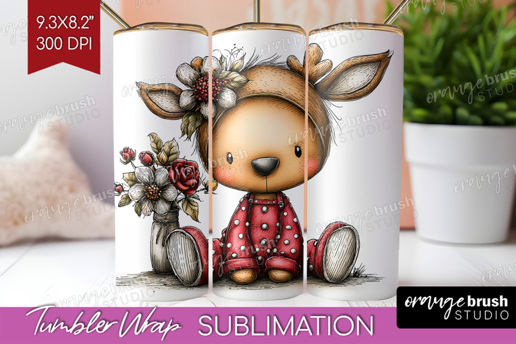 Deer Valentine Tumbler Wrap Whimsical Animal Tumbler PNG
