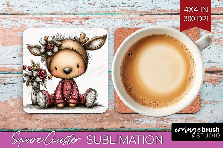 Deer Valentine Square Coaster Whimsical Animal Coaster PNG