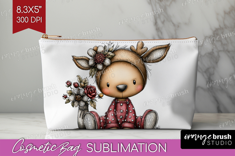 Deer Valentine Cosmetic Bag Whimsical Animal Makeup Bag PNG