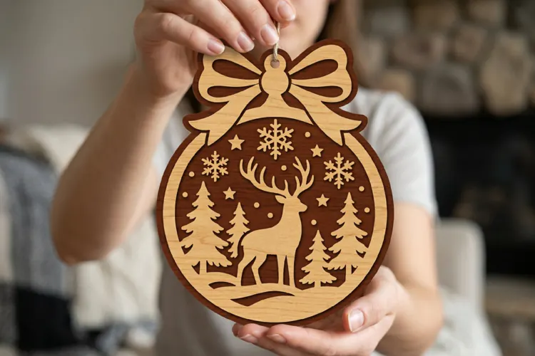 Deer Christmas Bauble SVG, Layered Laser Cut Wood Design