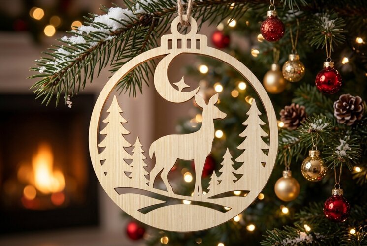 Deer Moon Christmas Ornament SVG, Holiday Laser Cut File example image 1