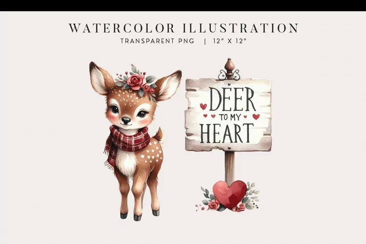 Deer to My Heart Watercolor Valentine Clipart