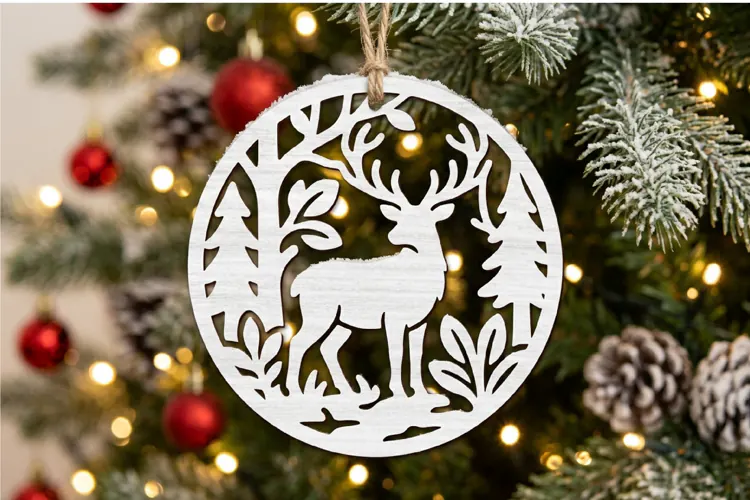 Deer Winter Christmas Ornament SVG, Holiday Laser Cut File