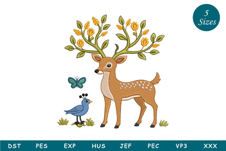 Deer With Bird Embroidery Design example image 1