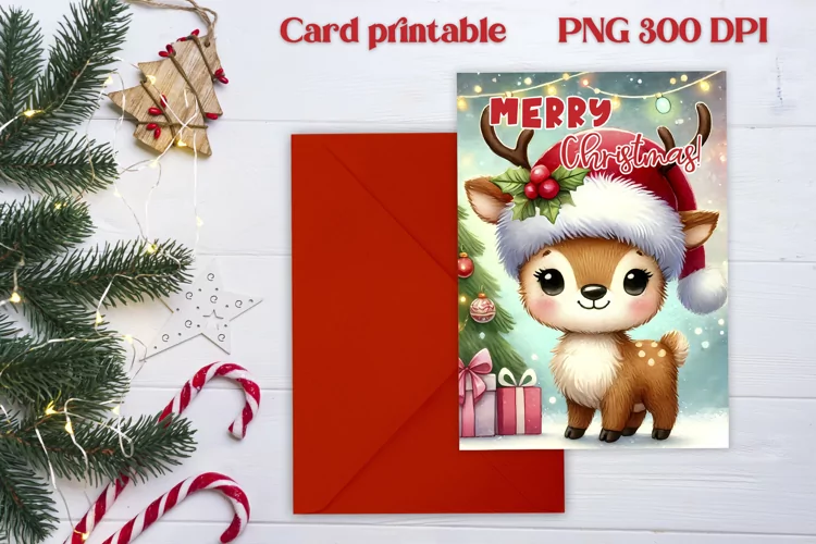 Cute deer Christmas card printable PNG design