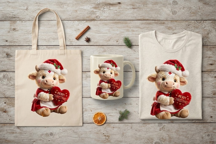 Christmas Nurse Cow Santa Hat Red Dress Heart Art