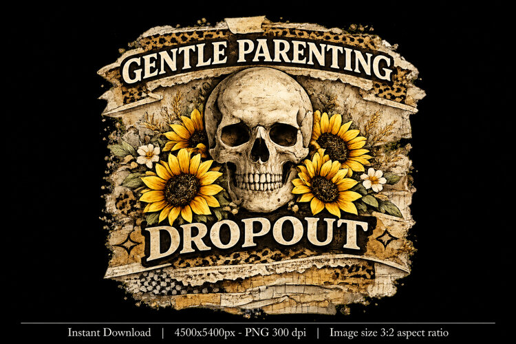 Gentle Parenting Dropout PNG | Funny Skull Sunflower Sublima example image 1