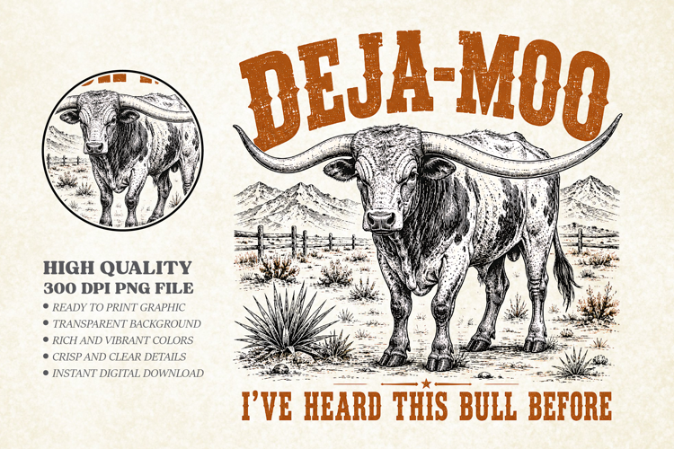 Deja Moo I Heard This Bull PNG, Vintage Texas Longhorn