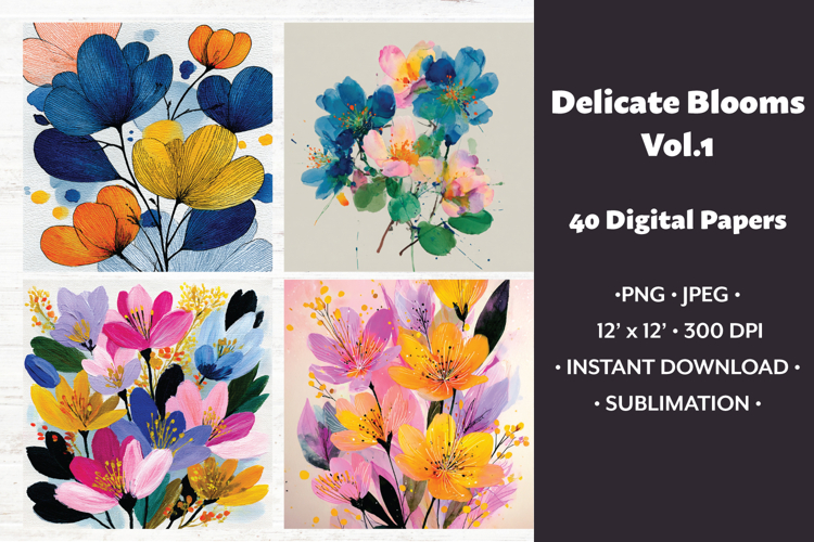 Delicate Blooms Digital Paper Vol.1, 40 PNG & JPEG
