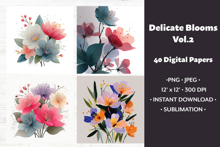 Delicate Blooms Digital Paper Vol.2, 40 PNG & JPEG