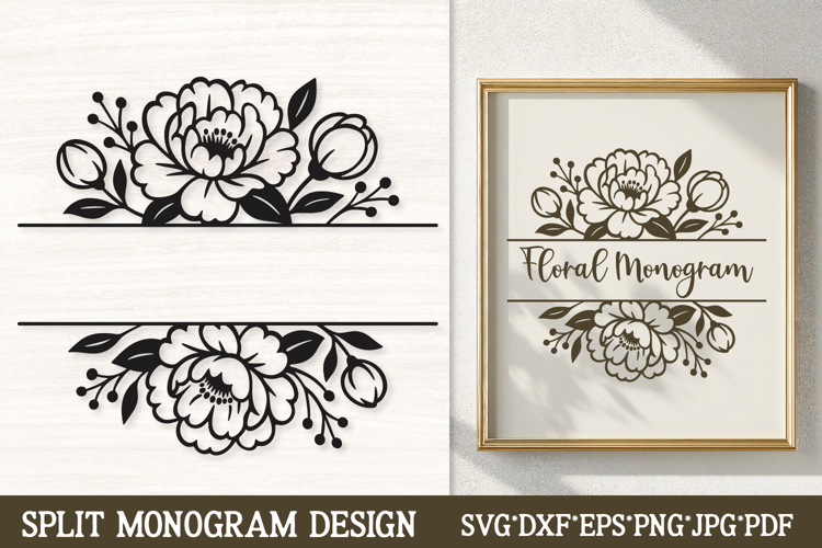Delicate Flower Split Monogram SVG | Floral Frame Design