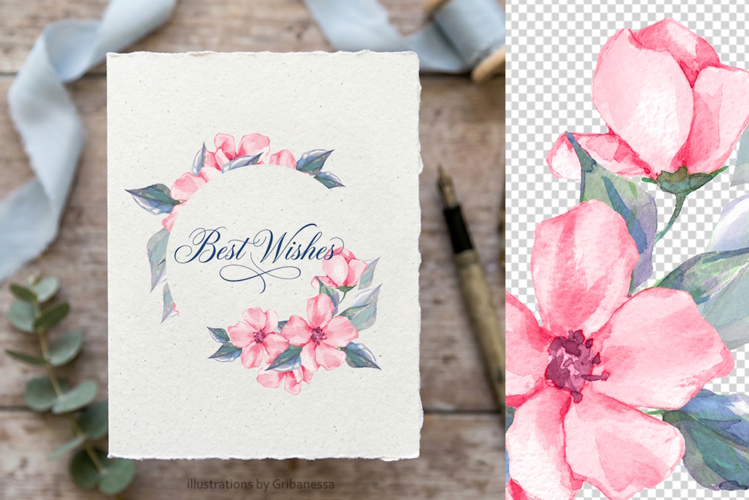 Delicate Pink Watercolor Floral Wreath Clipart