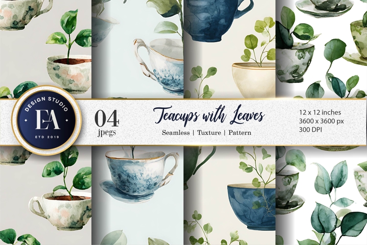 Delicate Watercolor Teacup with Growing Leaves Digital Paper