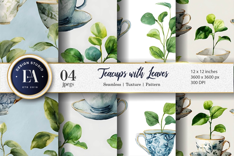 Teacups with Plant Leaves Watercolor Digital Paper