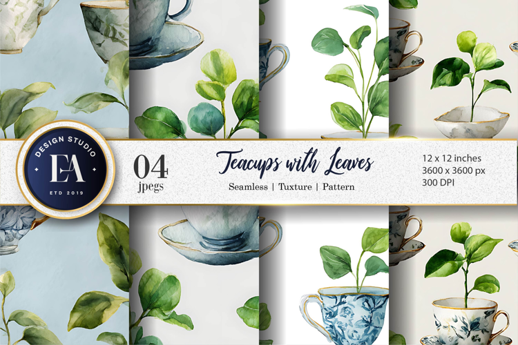 Teacups with Plant Leaves Watercolor Digital Paper