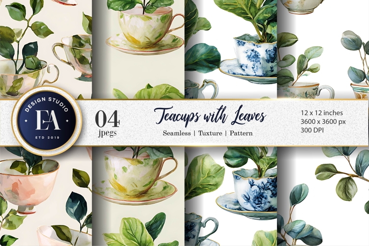 Teacups with Plant Leaves Watercolor Digital Paper