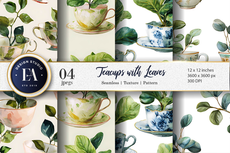 Teacups with Plant Leaves Watercolor Digital Paper