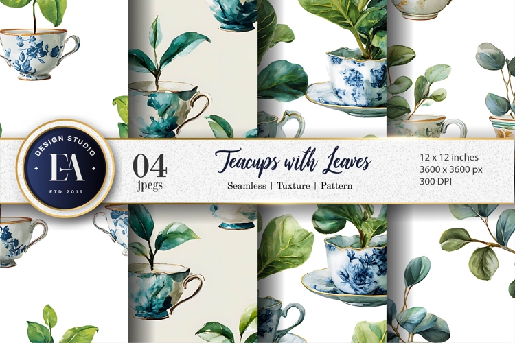 Fantasy Watercolor Teacups with Plants Growing Digital Paper