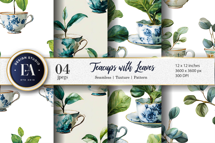Fantasy Watercolor Teacups with Plants Growing Digital Paper
