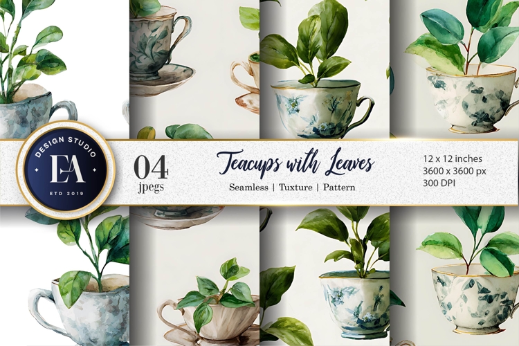 Teacups with Plant Leaves Watercolor Digital Paper