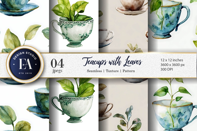 Delicate Watercolor Teacup with Growing Leaves Digital Paper