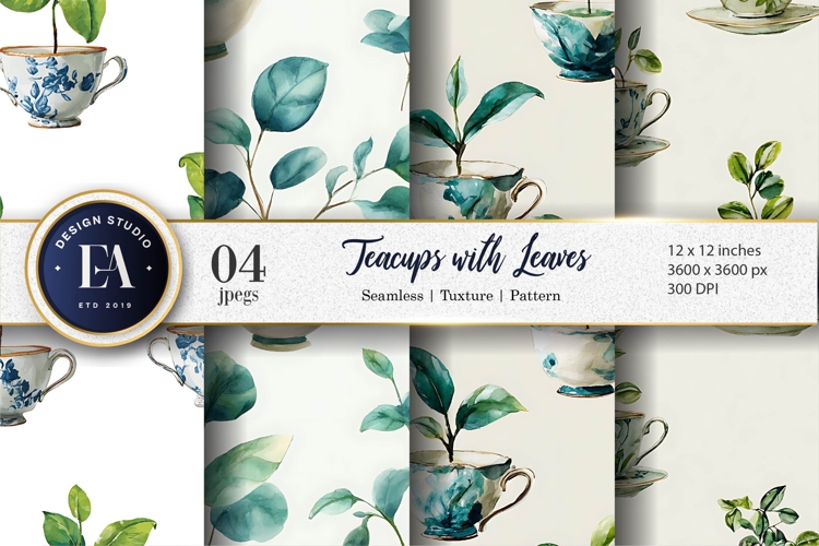 Teacups with Plant Leaves Seamless Watercolor Digital Paper