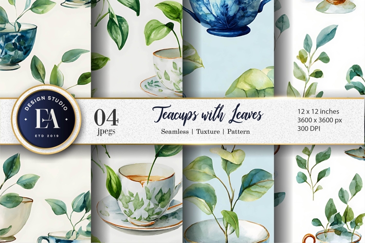 Teacups with Plant Leaves Watercolor Digital Paper