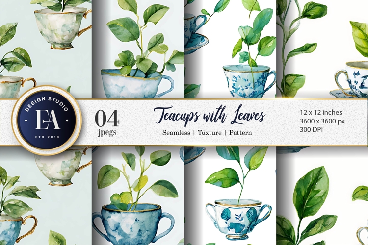 Delicate Watercolor Teacup with Growing Leaves Digital Paper