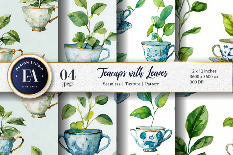 Delicate Watercolor Teacup with Growing Leaves Digital Paper