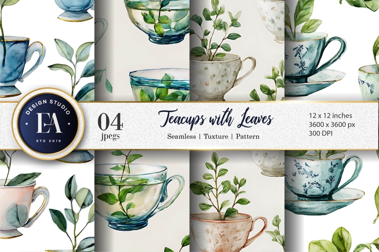Teacups with Plant Leaves Seamless Watercolor Digital Paper