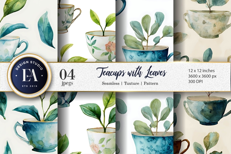 Teacups with Plant Leaves Seamless Watercolor Digital Paper