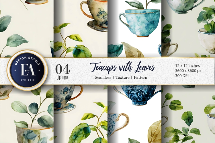 Delicate Watercolor Teacup with Growing Leaves Digital Paper