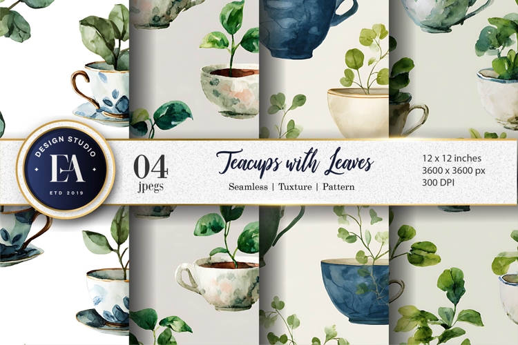 Fantasy Watercolor Teacups with Plants Growing Digital Paper