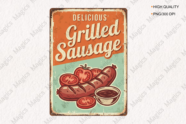 Delicious Grilled Sausage Vintage Sign PNG