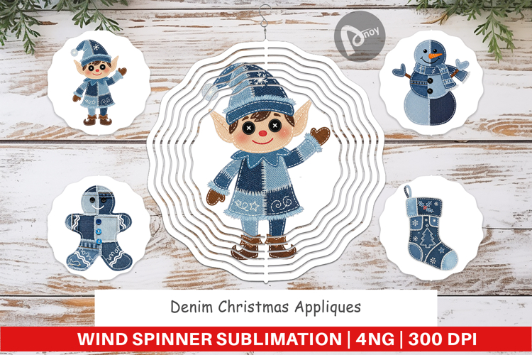 Denim Christmas Appliques Wind Spinner