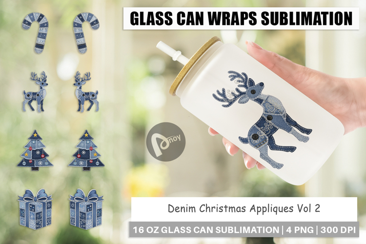 Denim Christmas Appliques Glass Can