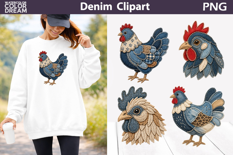 Denim Fall Chicken Clipart | Patchwork Farm Animals