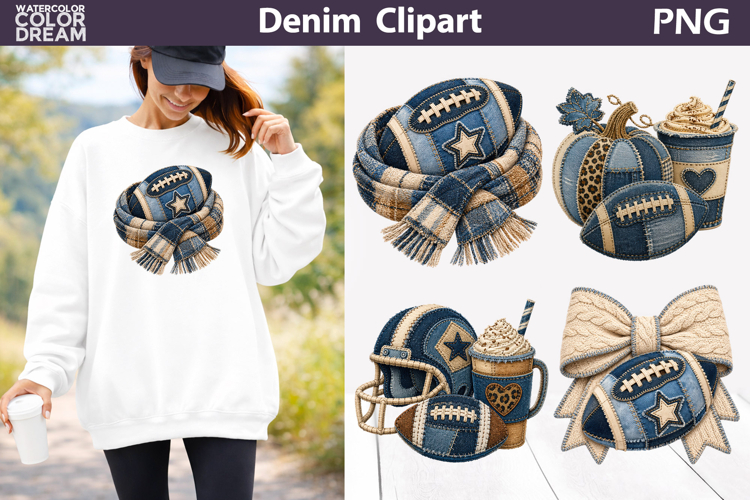 Denim Fall Football Clipart | Autumn Sublimation